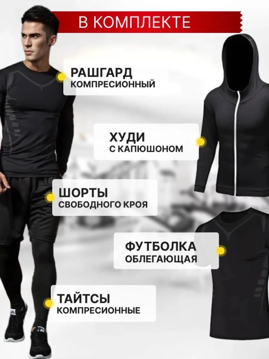 Erkaklar uchun rashgard 5 in 1 komplekt, sport kiyimlari va fitnes mashg‘ulotlari uchun