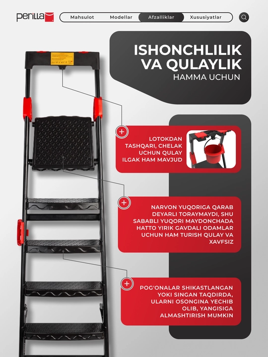Perilla Comfort yigʻma narvon, qurilish narvoni, 250 kg gacha, lotok va tutqich bilan
