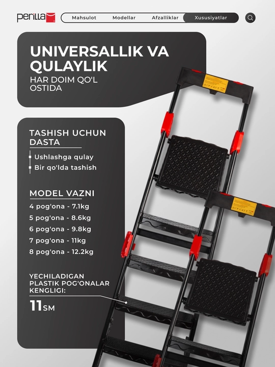 Perilla Comfort yigʻma narvon, qurilish narvoni, 250 kg gacha, lotok va tutqich bilan
