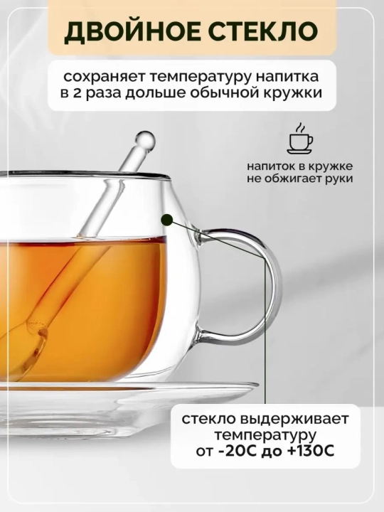Стеклянная чашка с блюдцем двойное дно 250, 1 шт в комплекте