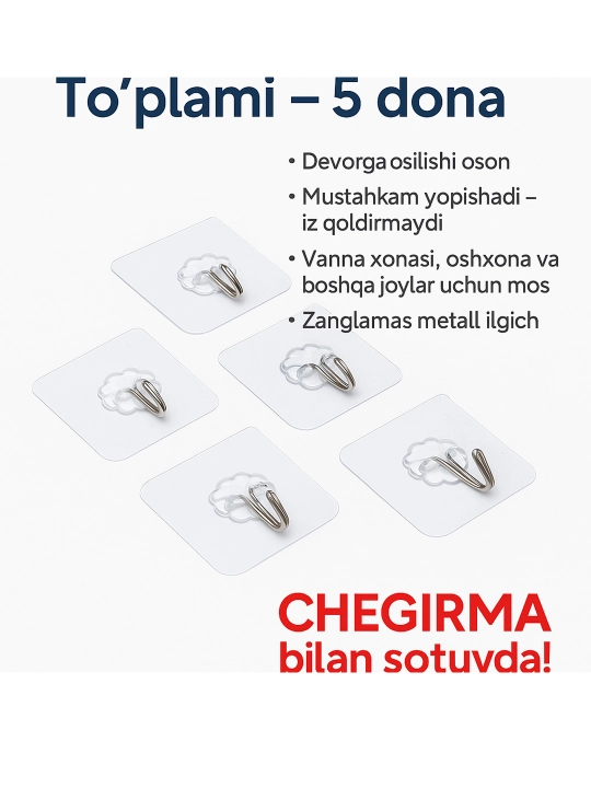 Ilgichlar, oshxona va hammom uchun o'zi yopishqoq devor ilgichlar, 15 kg yukgacha - 