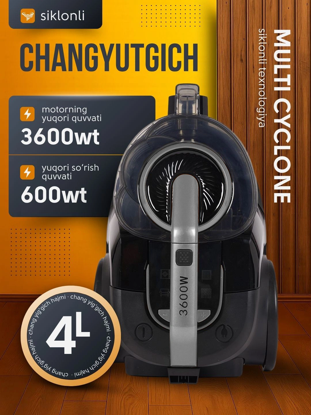 Пылесос BOSH 3600 Вт без мешка — контейнер 4 л, 5 м шнур, регулировка, HEPA, тихий за 924000 сум со скидкой 64%. Uzum Market