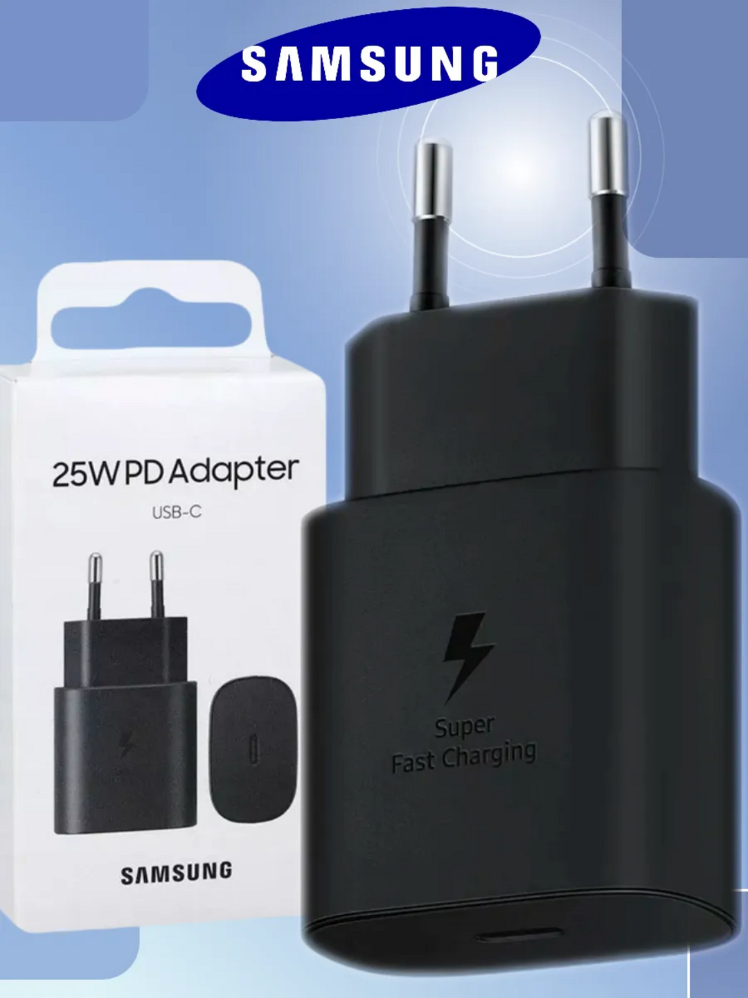 Samsung adapteri, 25 Vt/Vt PD quvvatlash moslamasi, tezkor quvvatlash va Type-C porti bilan