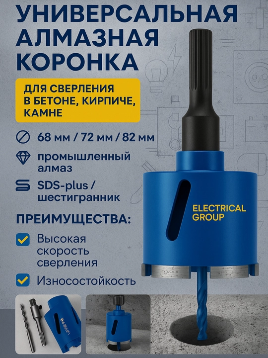 Алмазная коронка  для подрозетников 68/72/82 мм