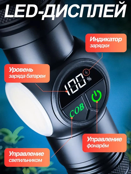Qo‘l fonar LED, 5 rejim, PowerBank funksiyasi bilan