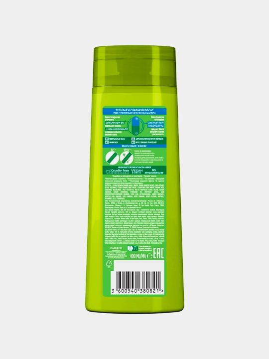 Garnier Fructis soch shampun, kuch va yorqinligi, 2 tasi 1 da, mustahkamlovchi, greypfrut ekstrakti bilan, 400 ml