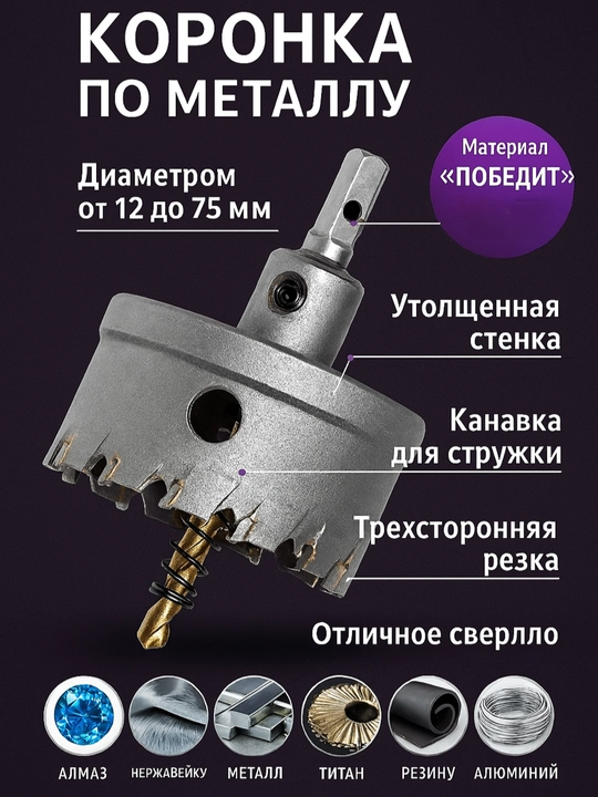Metal koronkalar qattiq qotishmali, pobedit tishli – diametri 12–75 mm - 