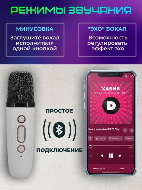 Ko‘chma karaoke karnay, Bluetooth, 2 ta simsiz mikrofon, radio, budilnik, tungi chiroq