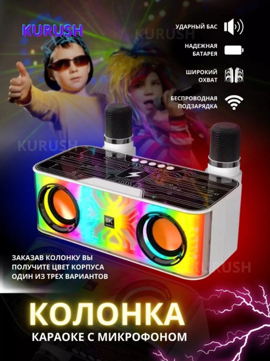 Portativ karaoke karnay, Bluetooth, 2 ta mikrofon, simsiz telefonni qo‘llab-quvvatlash - 