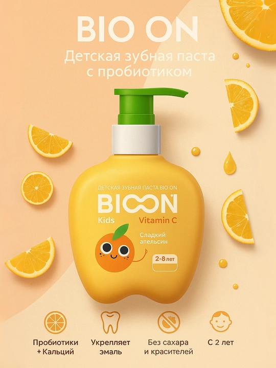 BIO ON Детская зубная паста с пробиотиком, 200 г, сахарная вата, клубника и апельсин - 