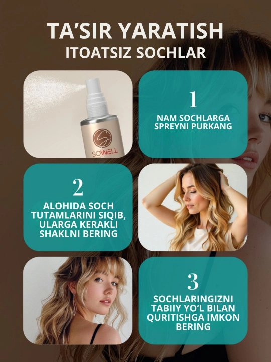 SoWell Sea Waves soch hajmi va turmagi uchun tuzli teksturali sprey, 200 ml