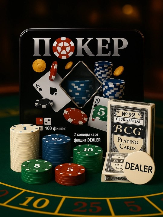 Набор для покера Texas Holdem Poker, 100-200 фишек с номиналом, карты и сукно - 