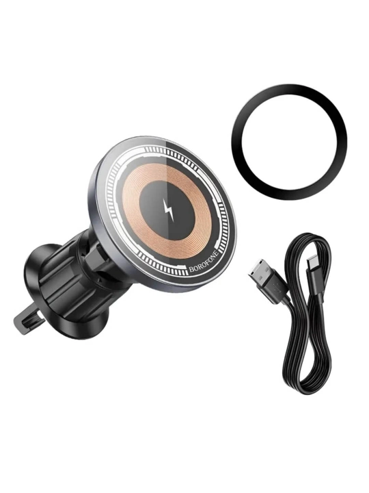 Магнитный держатель для телефона с беспроводной зарядкой BOROFONE BH211, 15W, черный