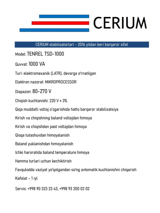 " TENREL" TSD-1000BA elektromexanik kuchlanish stabilizatori