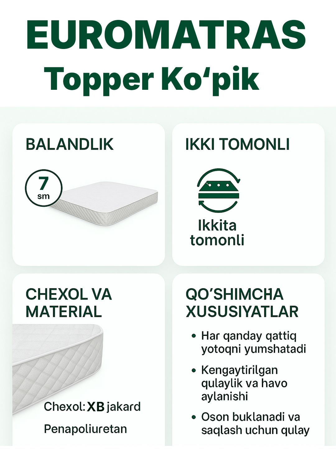Topper Foam 7 – anatomik topper, 7 sm balandlikdagi