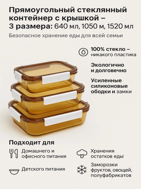 Стеклянный контейнер с крышкой и силиконовым ободком, 640, 1050, 1520 мл - 