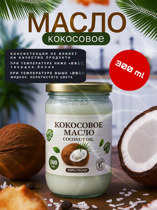 Sovuq siqilgan kokos moyi, 100% tabiiy, ovqatlanish va parvarishlash uchun, 300 ml