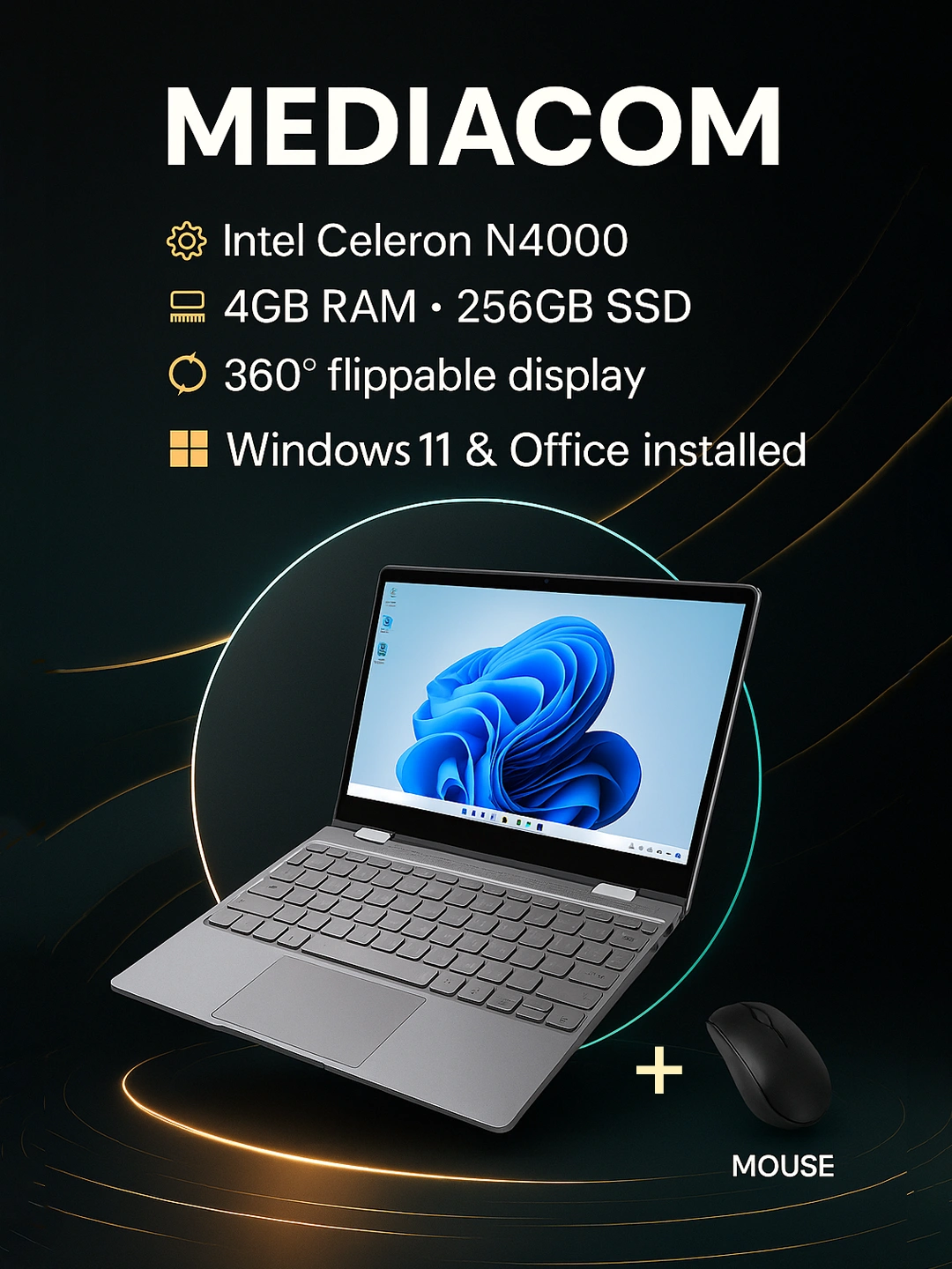 Mediacom Noutbuk, Intel N4000, 4GB RAM, 256GB SSD, 360° Sensorli, 13.3 dyum Ekran 2