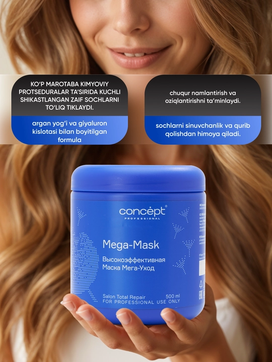 Zaif va shikastlangan sochlar uchun niqob CONCEPT MEGA-MASK, 500 ml, tiklash