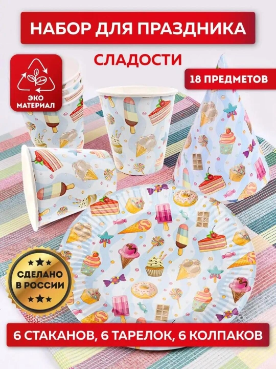 Набор для праздника – 18 предметов (6 стаканов, тарелок и колпаков) MILAND - 