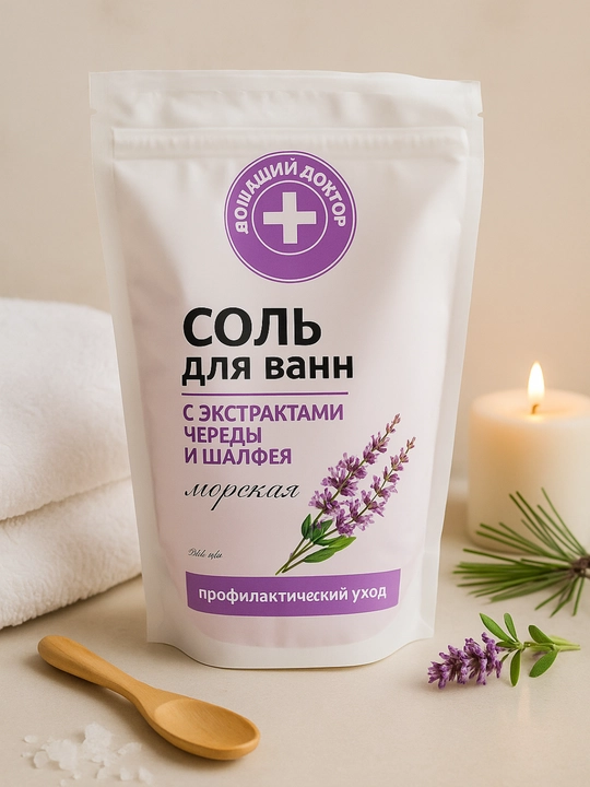 Соль для ванн Домашний Доктор, расслабление и увлажнение с морской солью, 500 мл