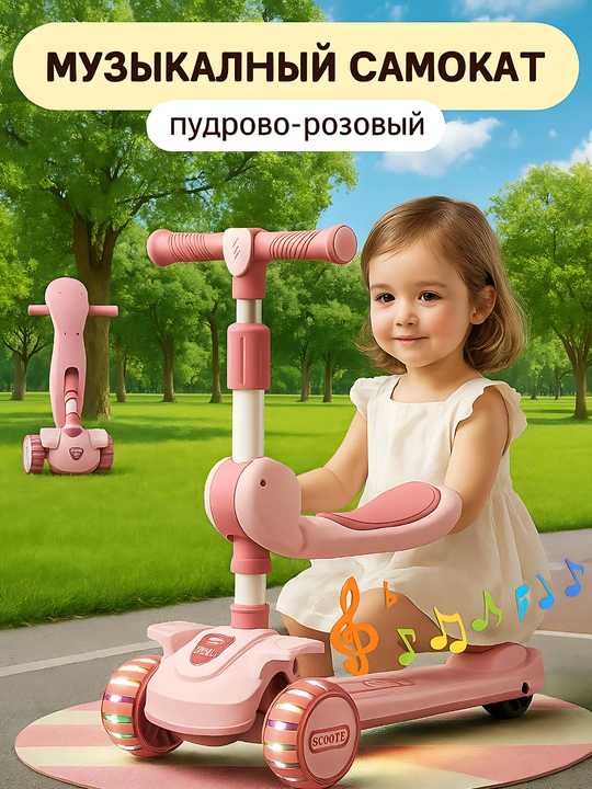 Детский самокат со светящимися колесами, трехколесный скутер складной - 