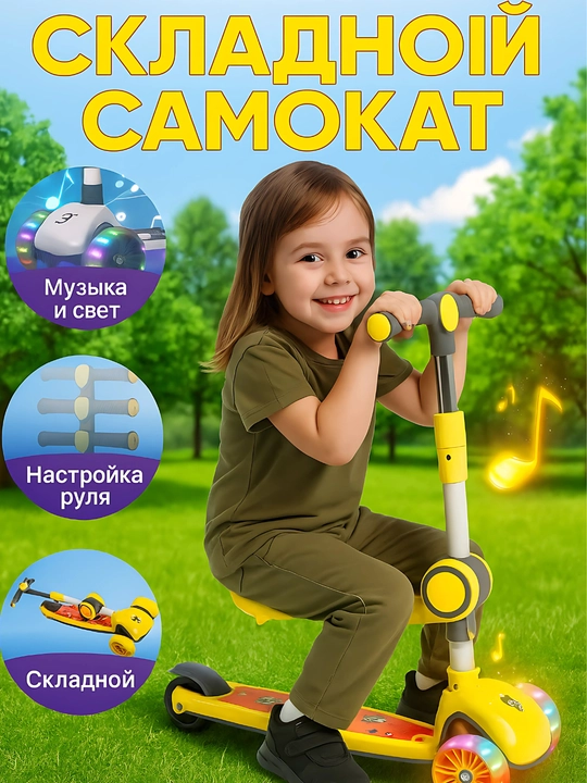 Детский самокат со светящимися колесами, трехколесный скутер складной