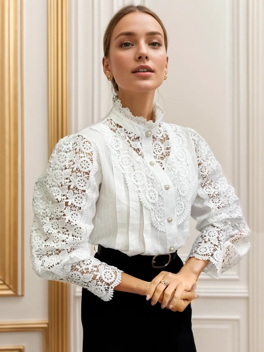 Krujeva bilan bezak berilgan ayollar bluzkasi, ofis, o‘qish va maktab uchun