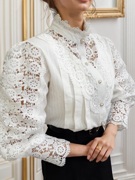 Krujeva bilan bezak berilgan ayollar bluzkasi, ofis, o‘qish va maktab uchun