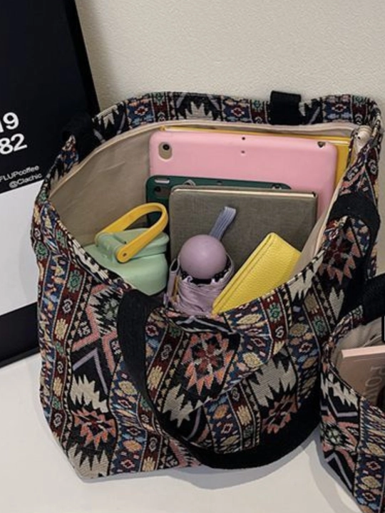 Sumka shopper sayohat va ish uchun, katta hajmli, yelkama, matoli