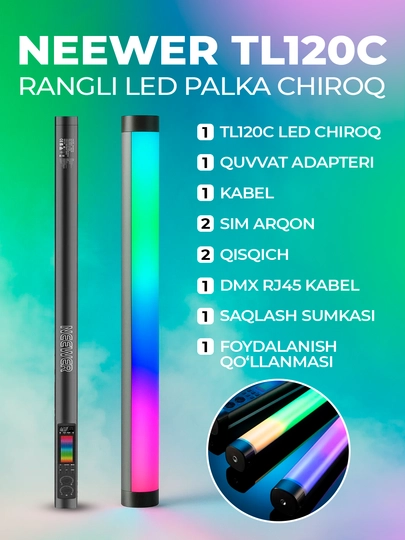 RGB Neewer TL120C chiroq – 42W, 6000mAh, 2500–10000K, APP, DMX, uzunligi 127 sm - 