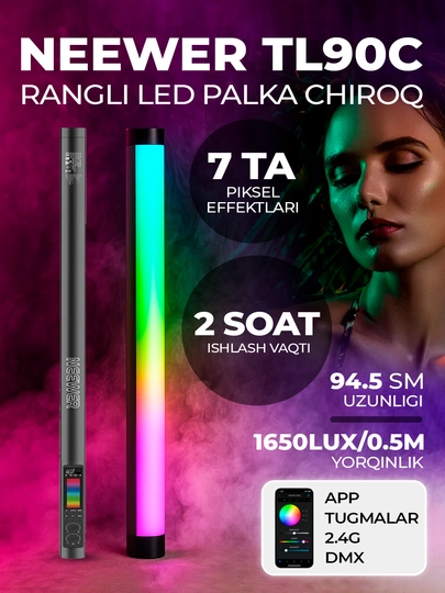 RGB Neewer TL90C chiroq, 30W, 6000mAh, 2500–10000K, APP, DMX, uzunligi 94.5 sm