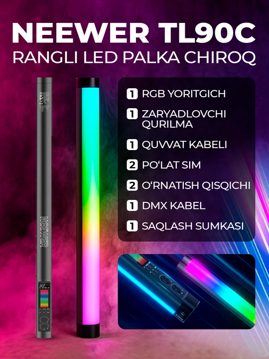 RGB Neewer TL90C chiroq, 30W, 6000mAh, 2500–10000K, APP, DMX, uzunligi 94.5 sm
