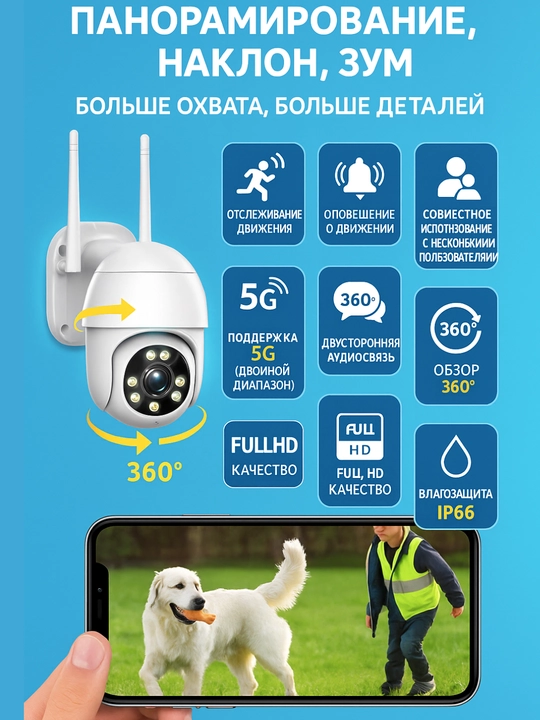Камера видеонаблюдения для дома, уличная с WIFI 360° Full HD, автослежение