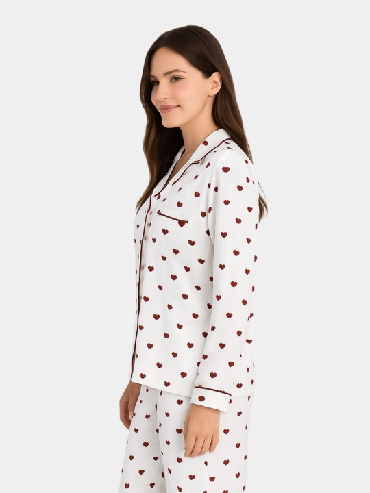 Pijama ayollar uchun-oq, qizil yurakchali, 100% Paxta