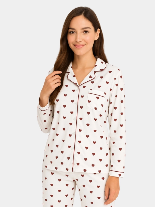 Pijama ayollar uchun-oq, qizil yurakchali, 100% Paxta - 
