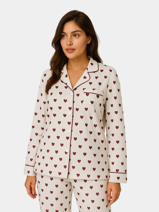 Pijama ayollar uchun-oq, qizil yurakchali, 100% Paxta