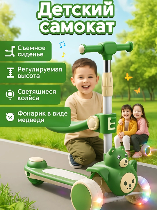 Детский самокат со светящимися колесами, трехколесный скутер складной