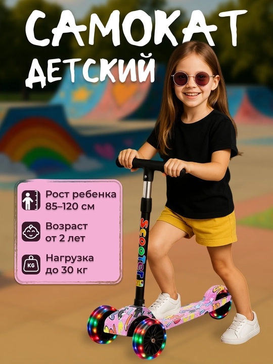 Самокат для детей, с горящими колесами, для мальчиков и девочек