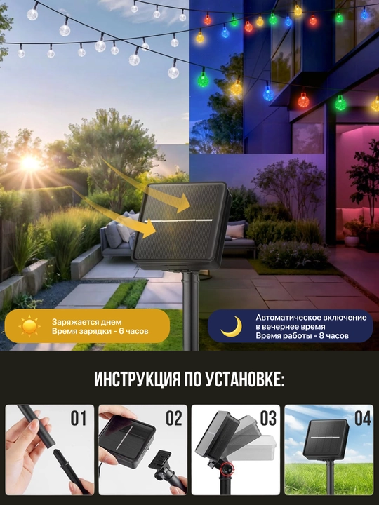Гирлянда садовая-уличная, на солнечной батарее новогодняя