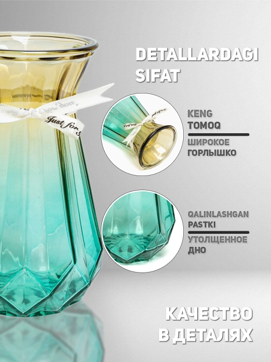 Gullar uchun shisha guldon, tirik va sun’iy gullar uchun, uy uchun bezak