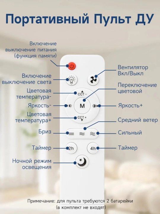Люстра-вентилятор с пультом, 8 цветов, 4 скорости, 3 режима света, E27