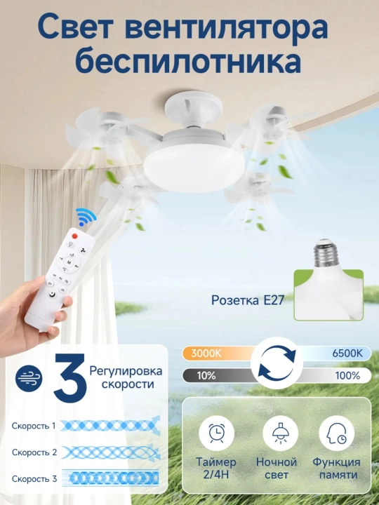 Люстра с вентилятором LED с пультом 3 режима освещения, 4 режима вращения, для всех комнат