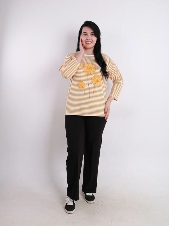 Женская футболка в полоску с цветочным принтом, хлопок, ¾ рукав 