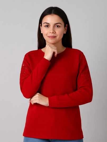 Ayollar sviteri paxtali, kasshmirli, qizil rangli, dantelli