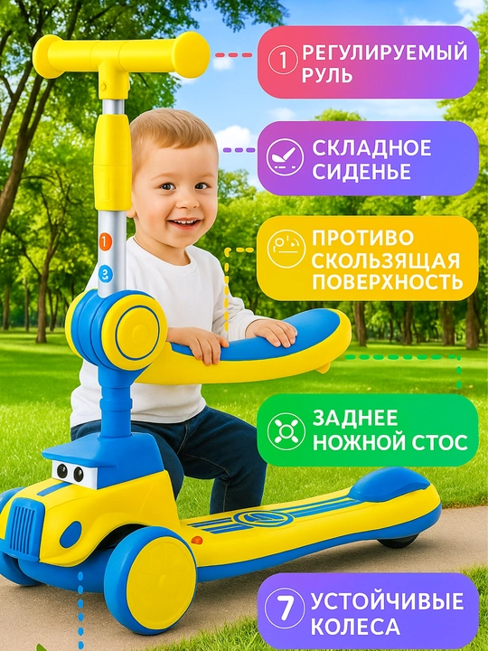 Детский самокат со светящимися колесами, трехколесный скутер складной