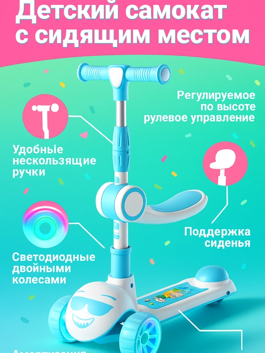 Детский самокат со светящимися колесами, трехколесный скутер складной