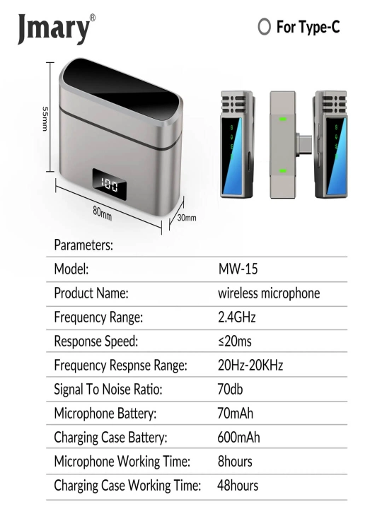 Professional mikrofon MARI MW-15, smartfonlar uchun, 2.4G, TYPE-C, ilmoqcha
