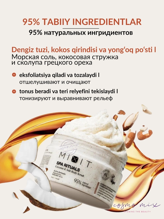 Kokos va dengiz tuzi bilan tana skrabi MIXIT Spa Rituals Coconut & Salt, 300 g