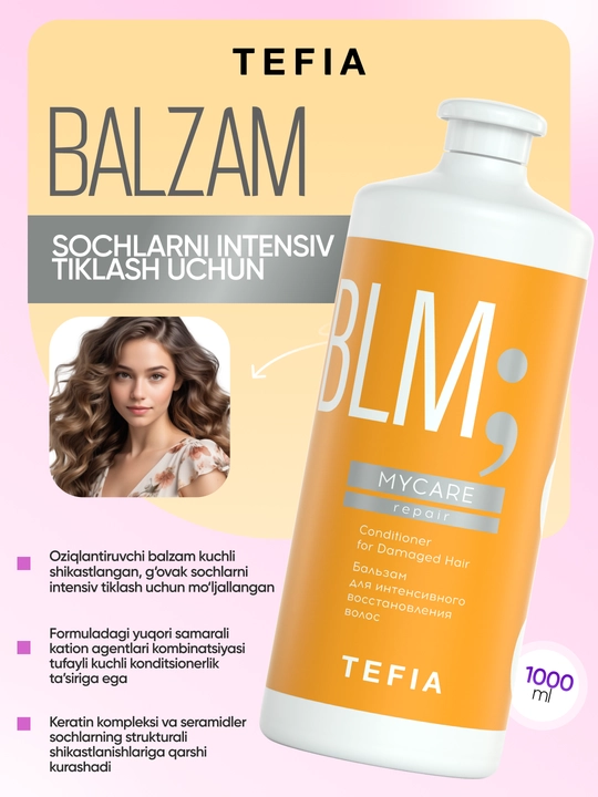 Balzam shikastlangan sochlarni tiklovchi TEFIA MY CARE 300/1000ml, tarkibida keratin bilan - 